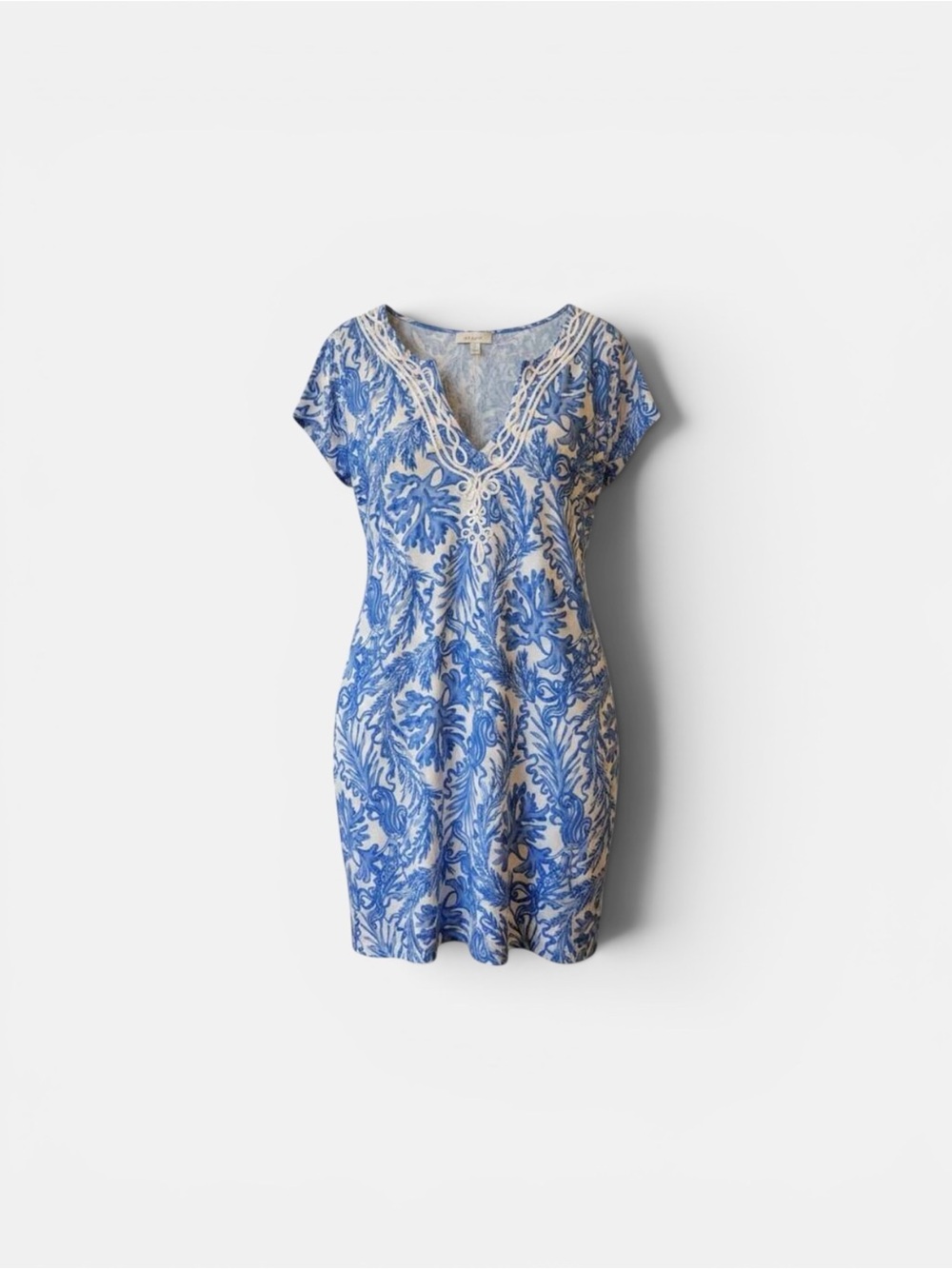 Lilly Pulitzer Marlowe Dress Blue White Coral Print Braided V-Neck Size L